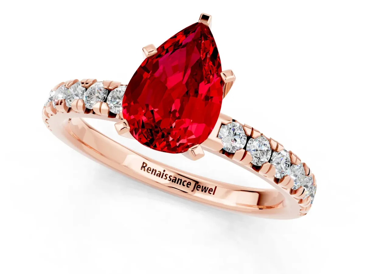 Pear Cut Ruby Solitaire Pavé Engagement Ring with Round Band and Prong Setting Rose gold