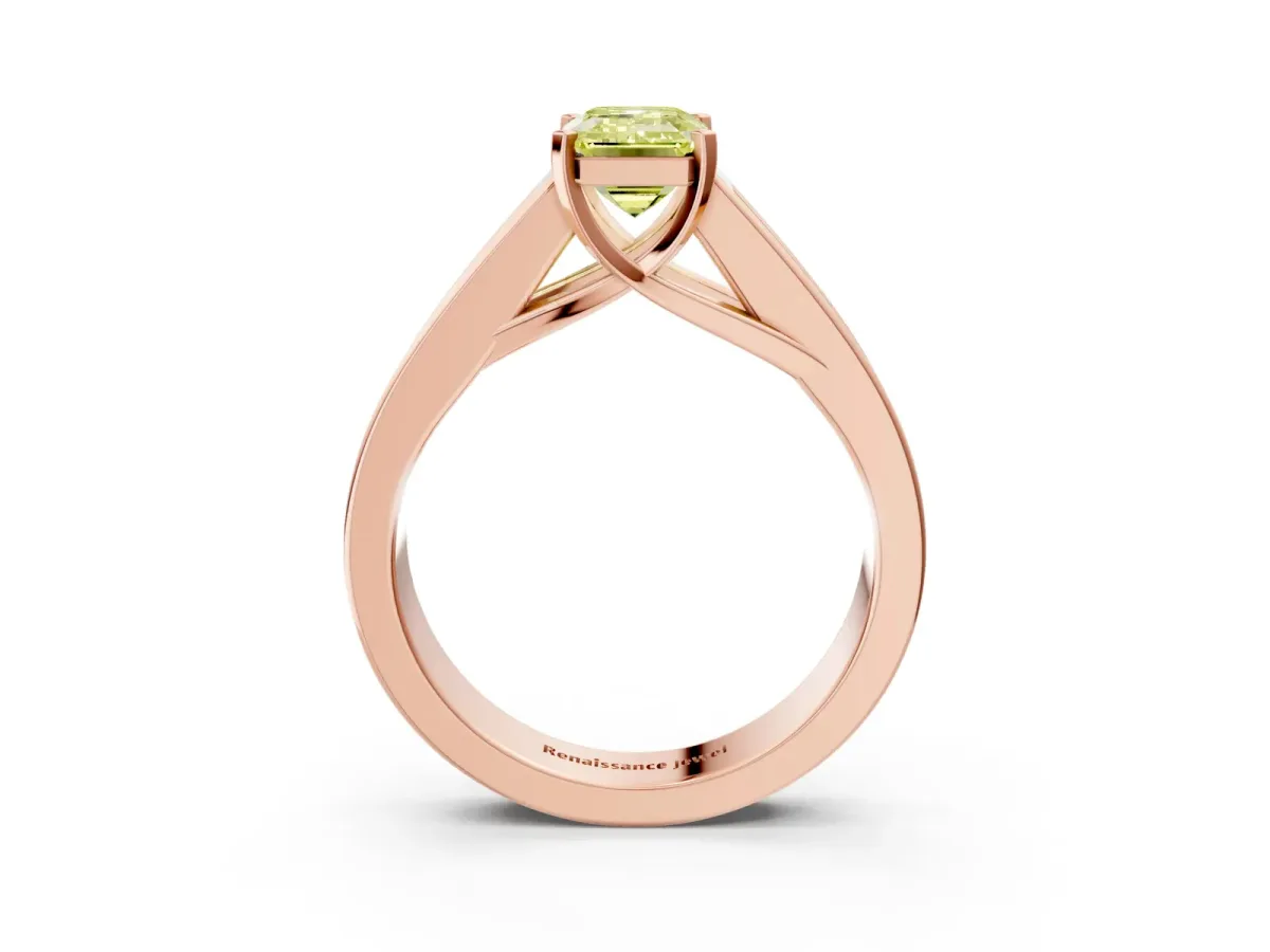 Fancy Yellow Emerald Cut Cut Channel Set Solitaire Ring with Four-Prong Setting Rose gold