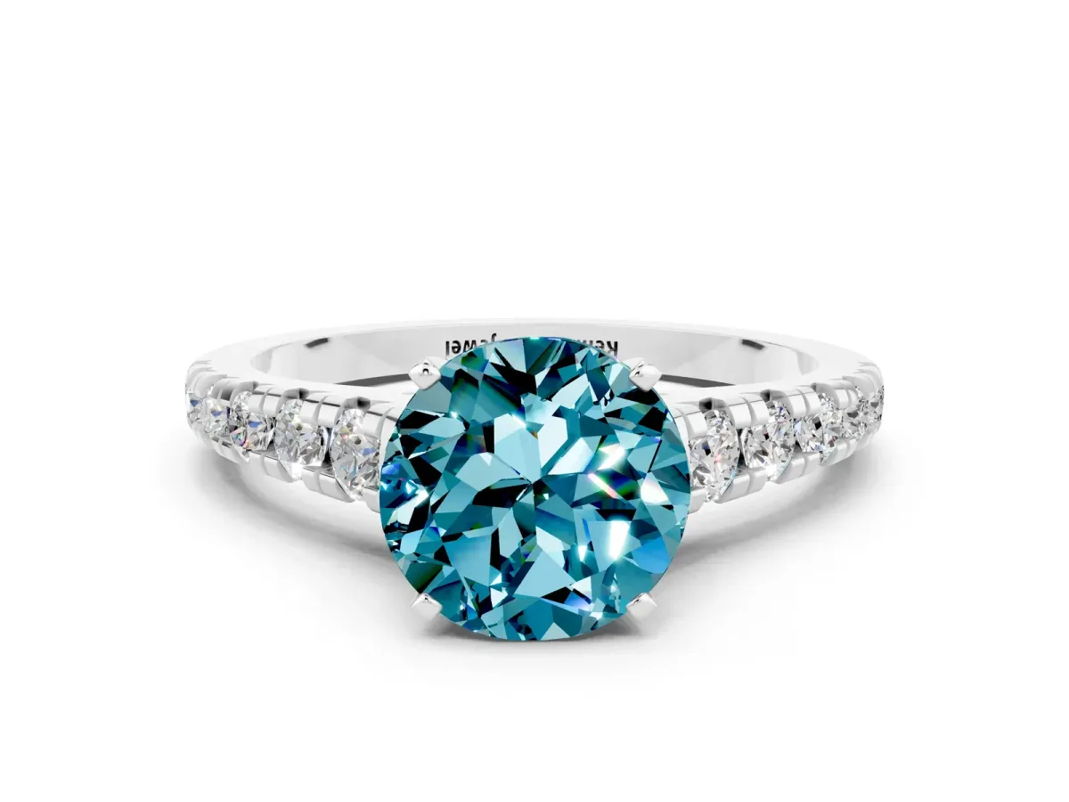 Round Cut Blue Topaz Cathedral Solitaire Ring with Round Pavé Band Silver