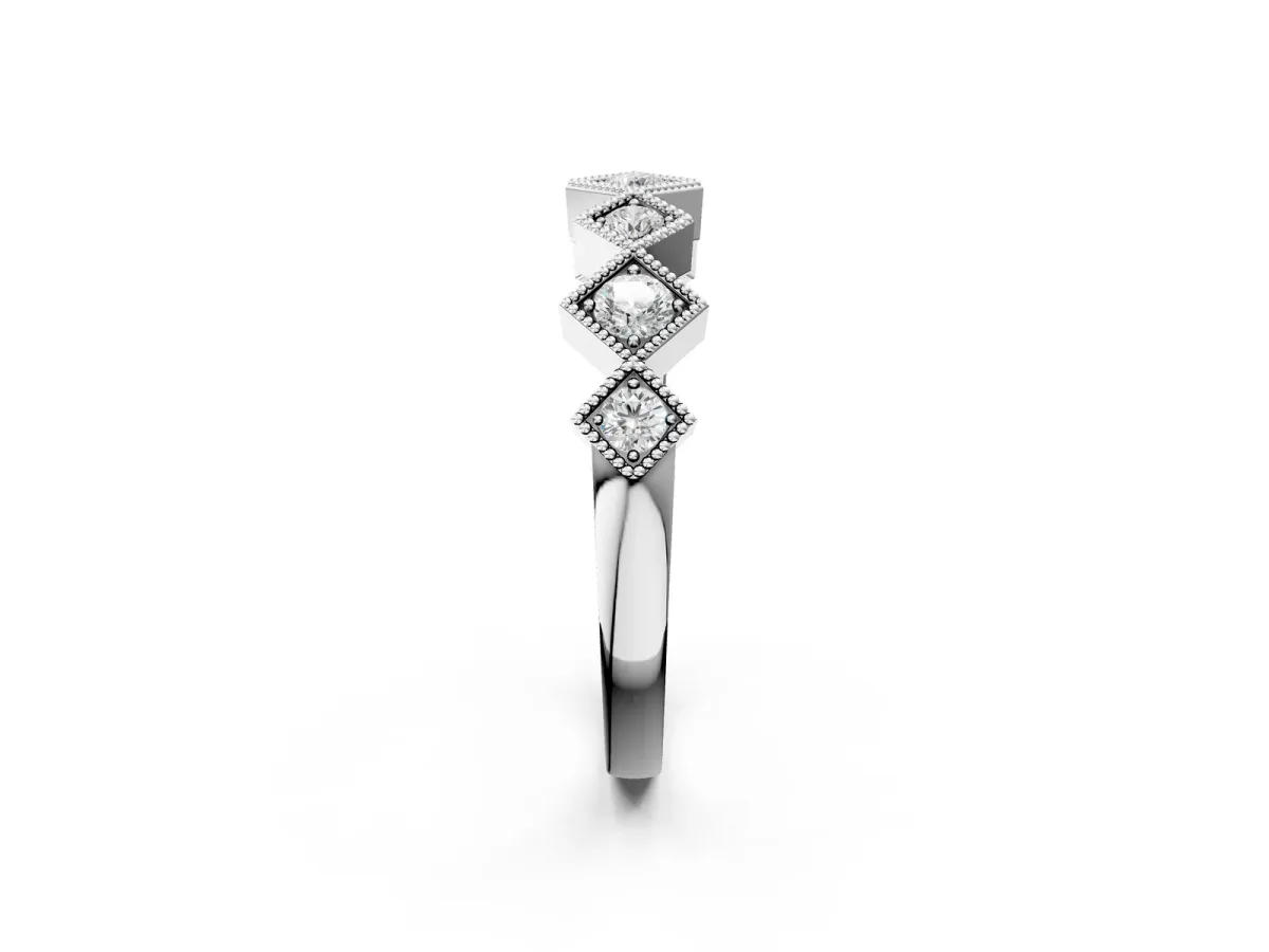 Milgrain Square Bezel Round Diamond Chevron Band Silver