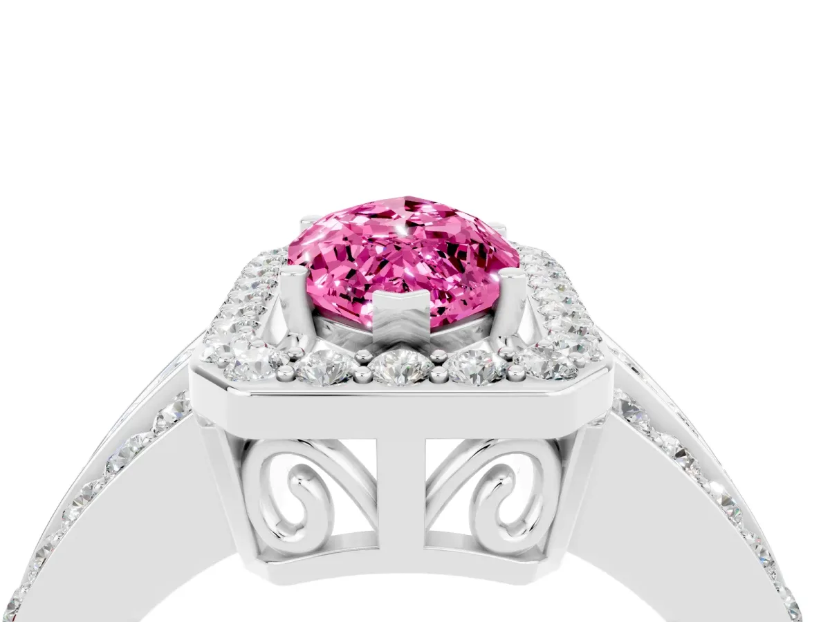 Marquise Cut Halo Pink Sapphire Ring with Round Split Shank and Prong Setting Silver
