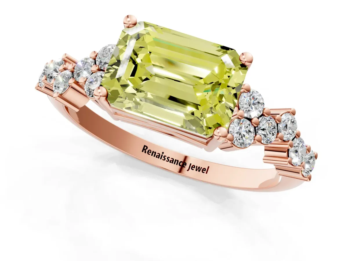 Fancy Yellow Emerald Cut Diamond Scattered Round Accent Ring with Prong Setting Rose gold