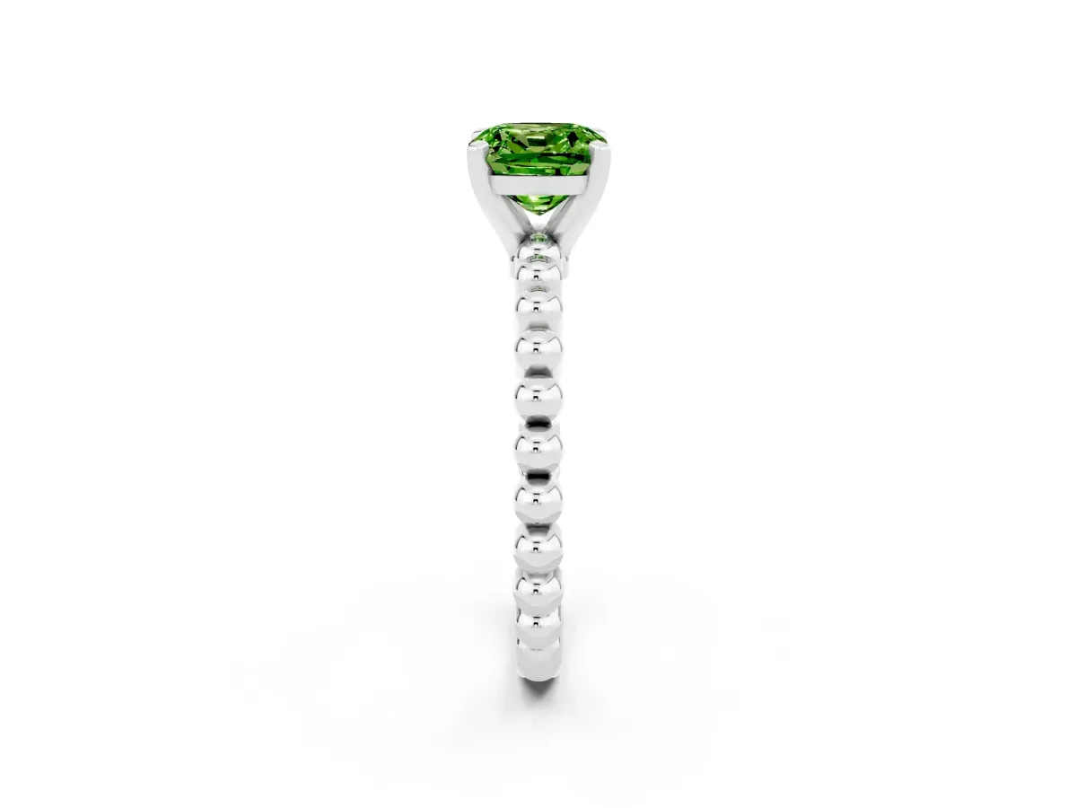 Cushion Cut Peridot Solitaire Ring with Beaded Band and Prong Setting Silver
