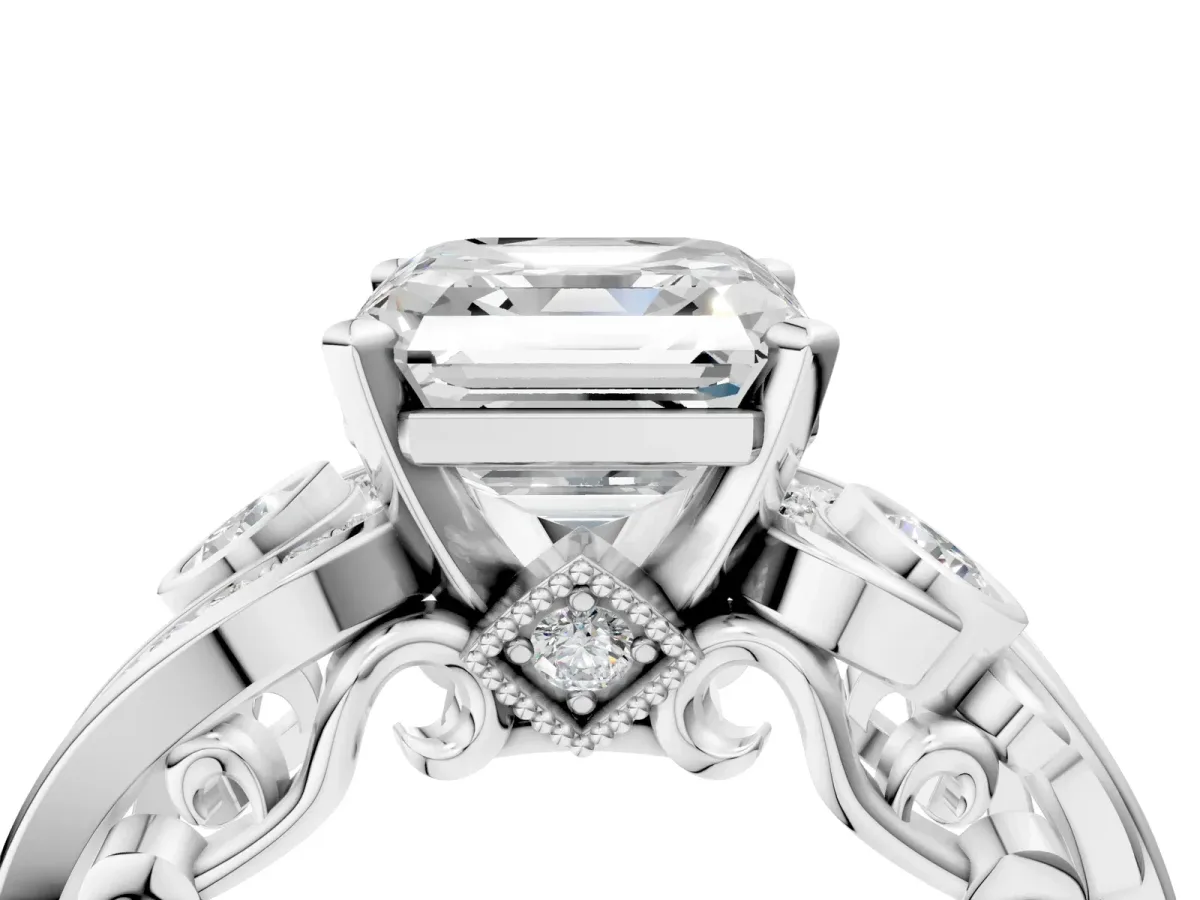 Asscher Cut Diamond Solitaire Ring with Milgrain Pavé Band and Four-Prong Setting Silver