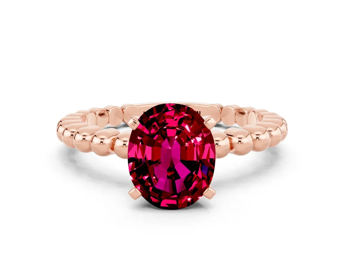Oval Cut Garnet Solitaire Ring with Beaded Band and Prong Setting Rose gold