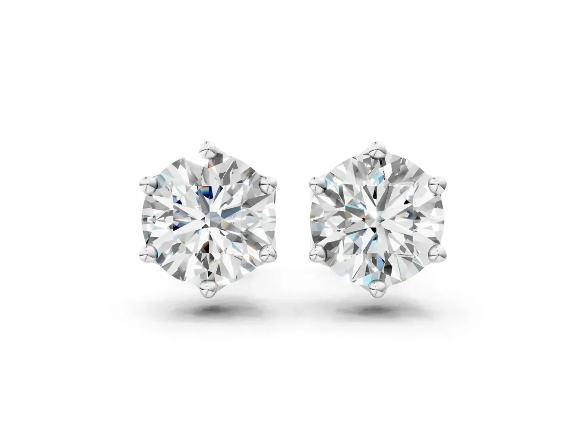 Round Diamond Six Prong Flower Petal Solitaire Stud Earrings Silver