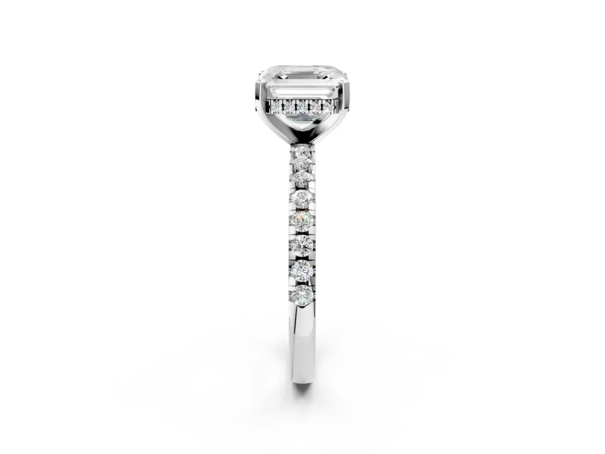 Asscher Cut Diamond Solitaire Ring with Round Pavé Band and Four-Prong Setting Silver