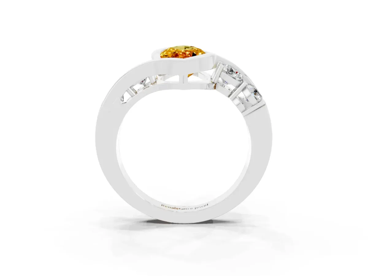 Bezel Set Marquise Cut Citrine Bypass Ring with Round Accents Silver