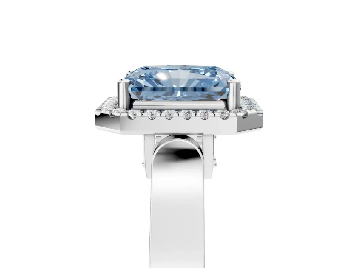 Fancy Blue Radiant Cut Halo Pave Split Shank Prong Setting Ring Platinum