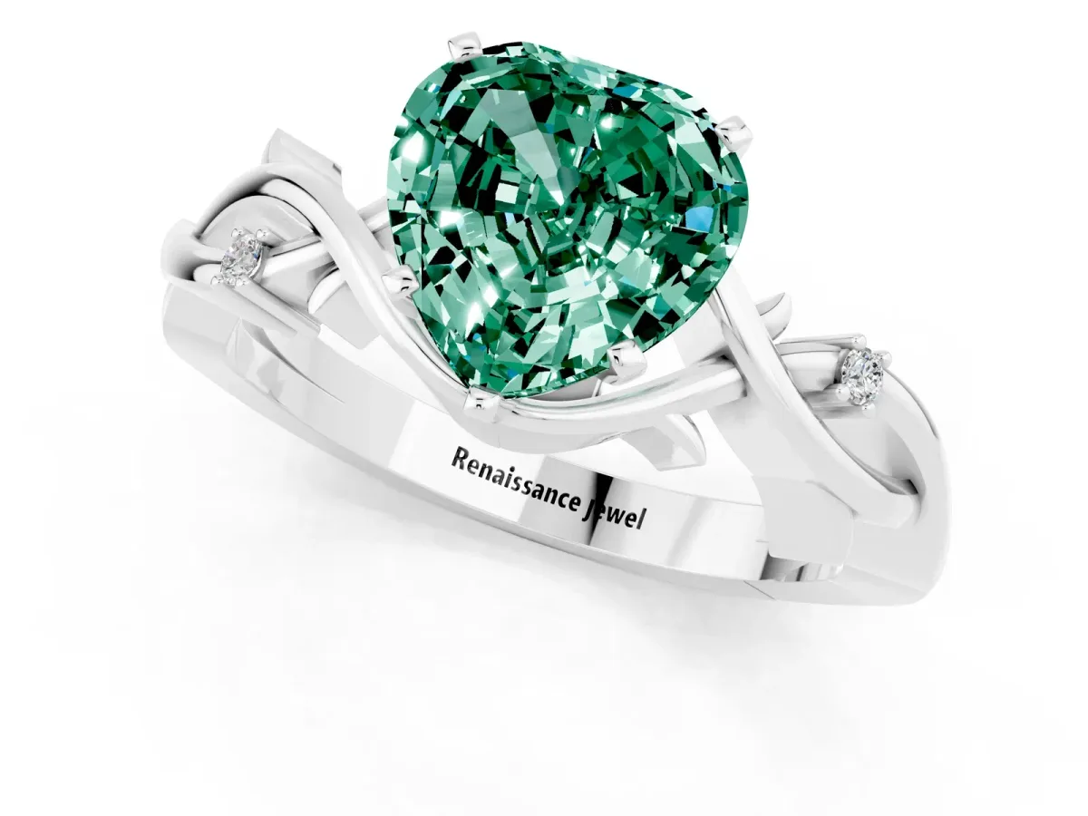 Heart Cut Green Sapphire Solitaire Ring with Twisted Band and Prong Setting Silver