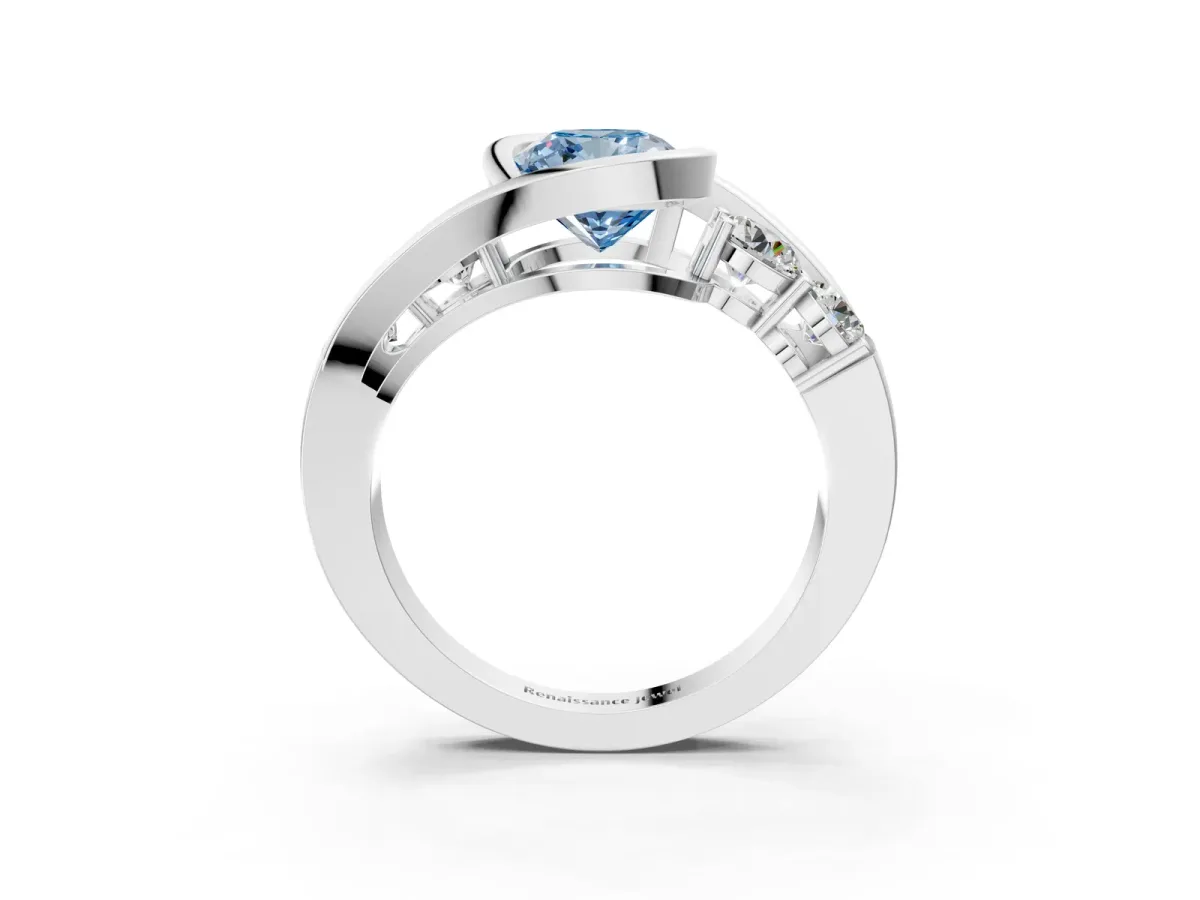Fancy Blue Bezel Set Cushion Cut Diamond Bypass Ring with Round Accents Platinum