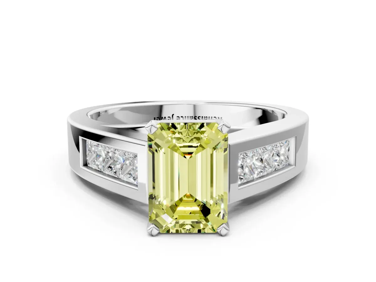 Fancy Yellow Emerald Cut Cut Channel Set Solitaire Ring with Four-Prong Setting Silver