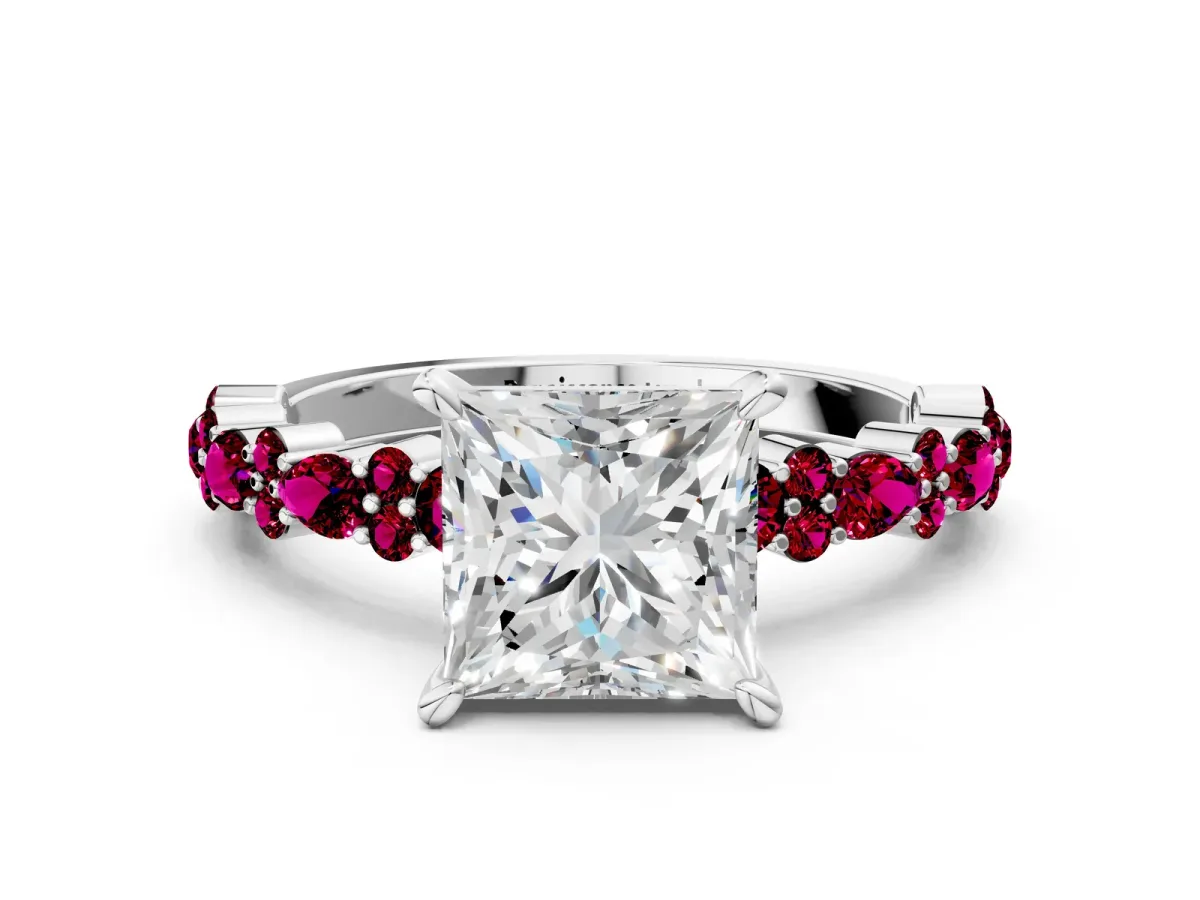 Princess Cut Diamond Side Stone Solitaire Ring with Round Garnet and Four-Prong Setting Platinum