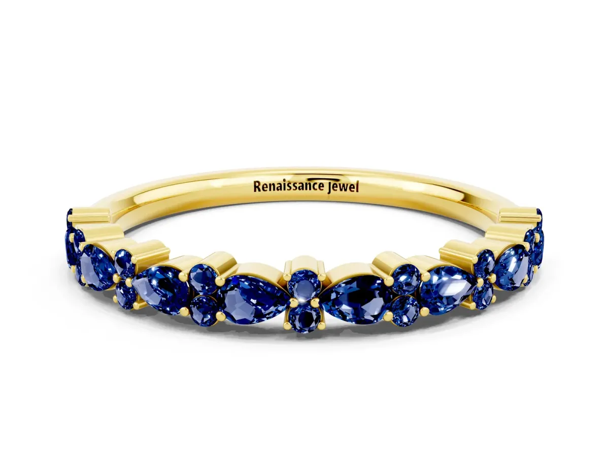 Pear and Round Blue Sapphire Wedding Band Yellow gold