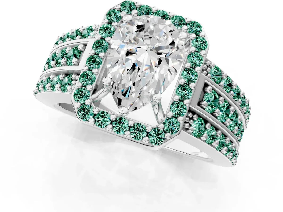 Pear Cut Halo Diamond Ring with Round Green Sapphire Split Shank and Prong Setting Silver