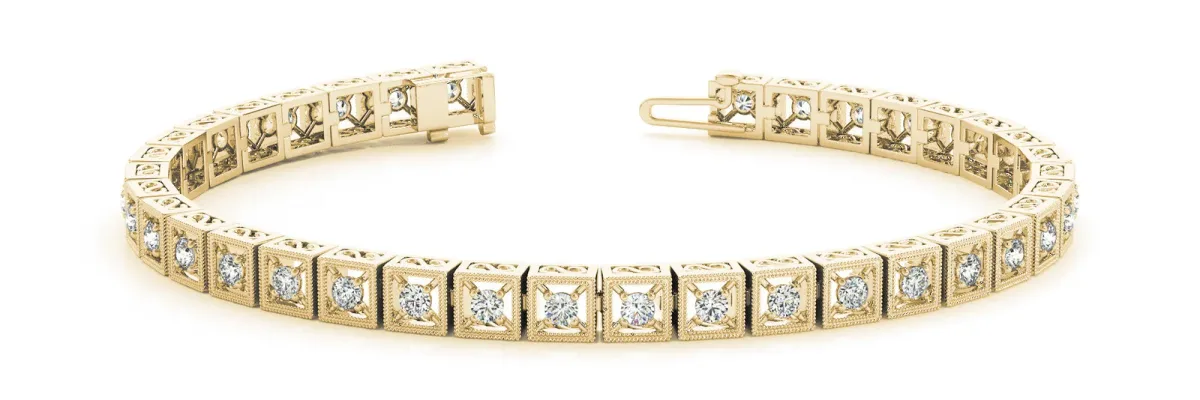 Milgrain Square Link Bracelet with Round Cut Diamonds in Bezel Setting Yellow gold