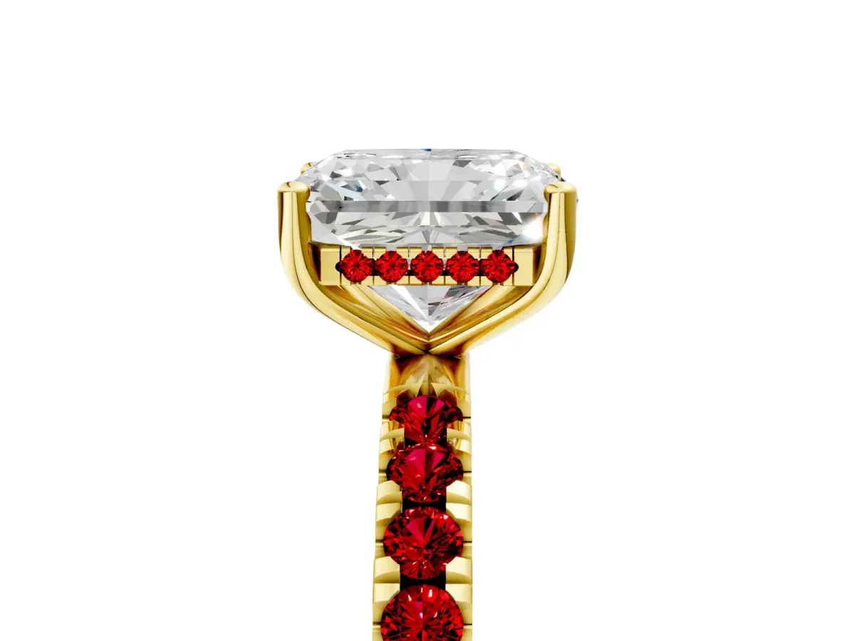 Radiant Cut Diamond Pave Band Solitaire Ring with Round Ruby and Prong Setting Yellow gold