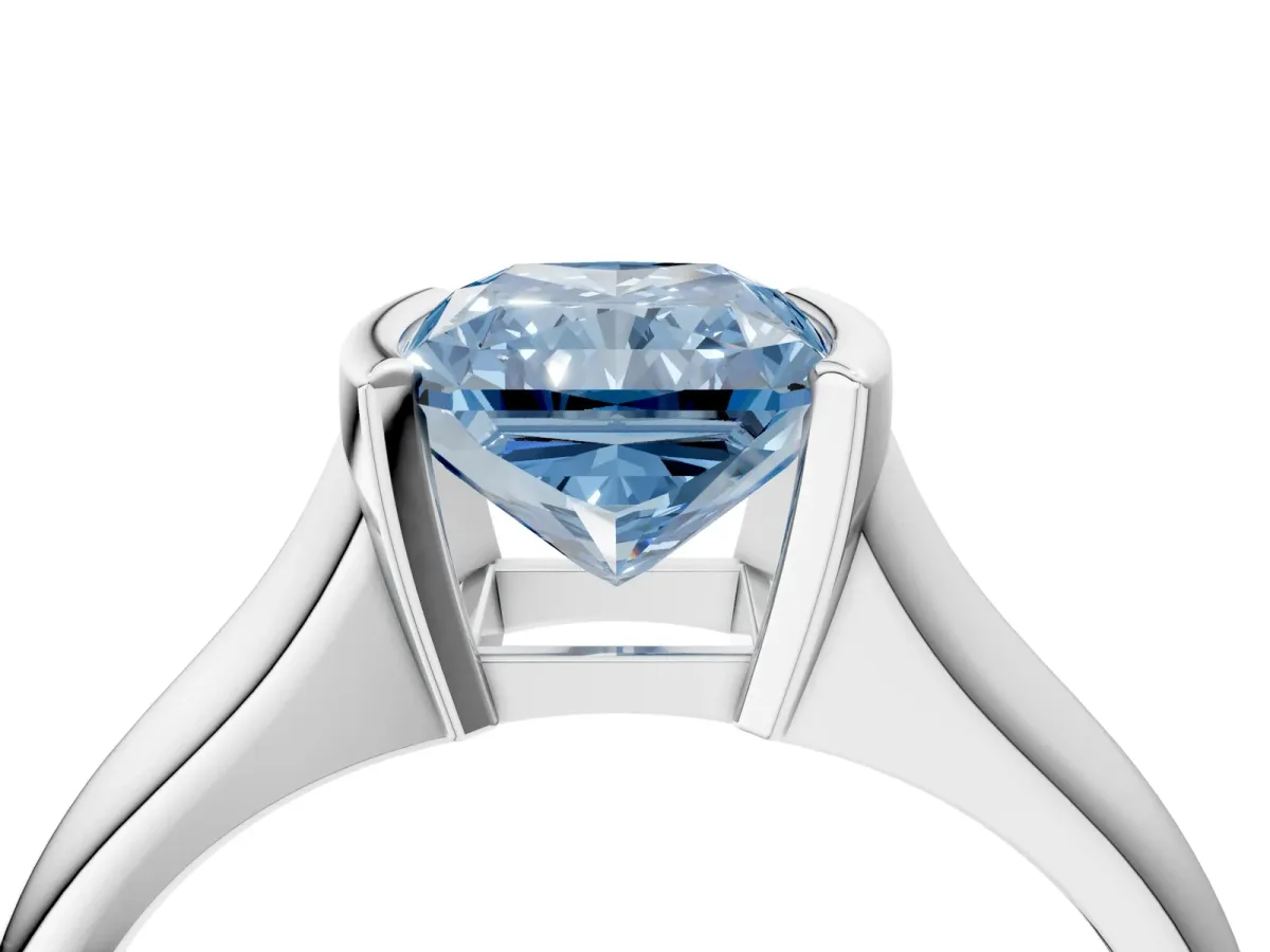 Fancy Blue Radiant Cut Solitaire Tension Set Diamond Ring with Split Shank Band Platinum