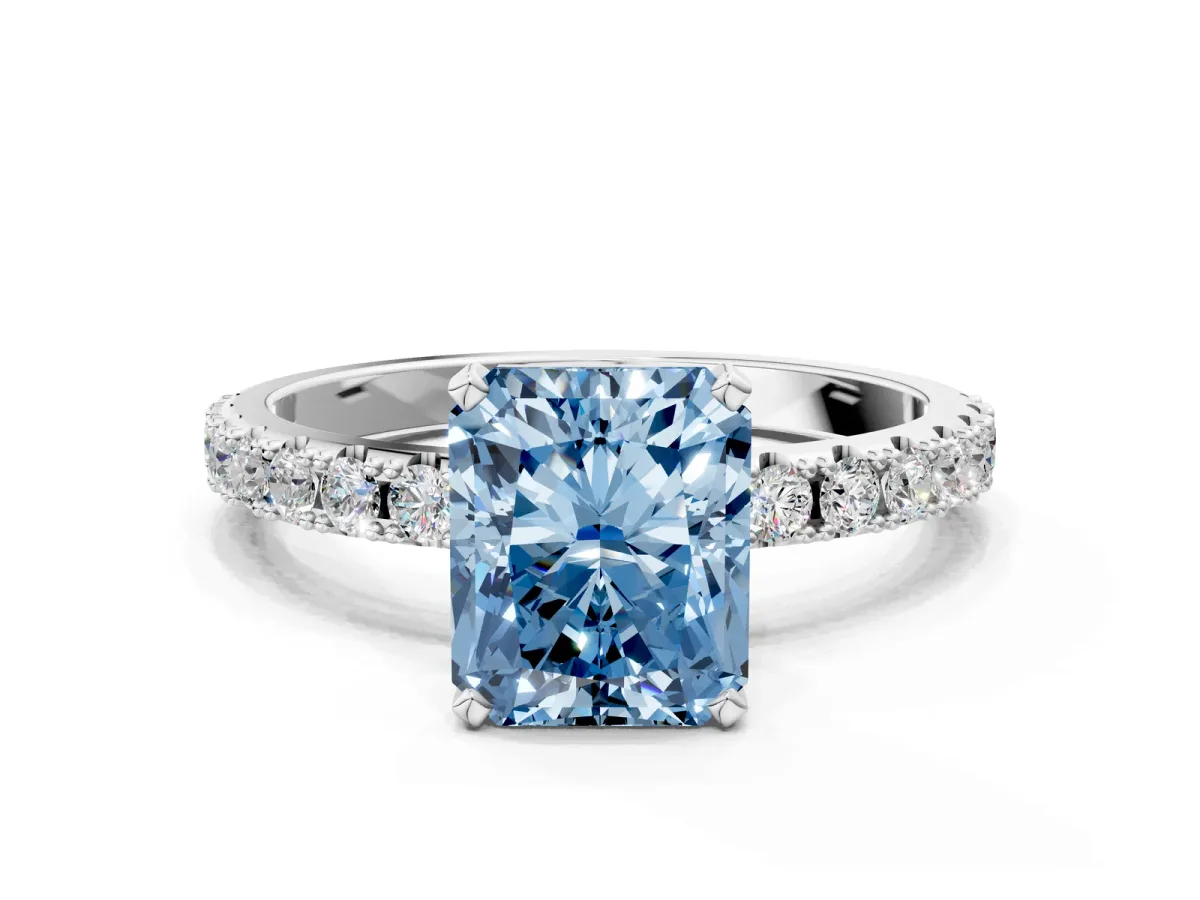 Fancy Blue Radiant Cut Diamond Solitaire Pavé Band with Four-Prong Setting Platinum
