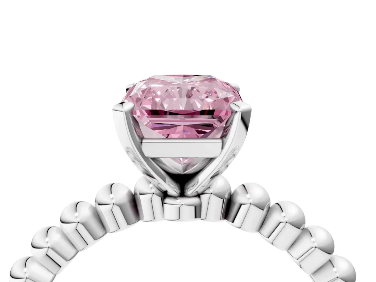 Fancy Pink Radiant Cut Diamond Solitaire Ring with Beaded Band and Prong Setting Silver