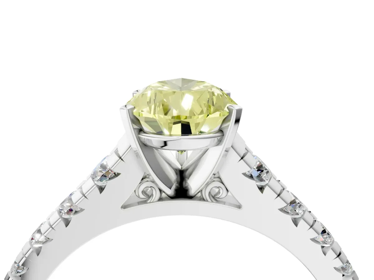 Fancy Yellow Pear Cut Diamond Cathedral Solitaire Ring with Round Pavé Band Silver