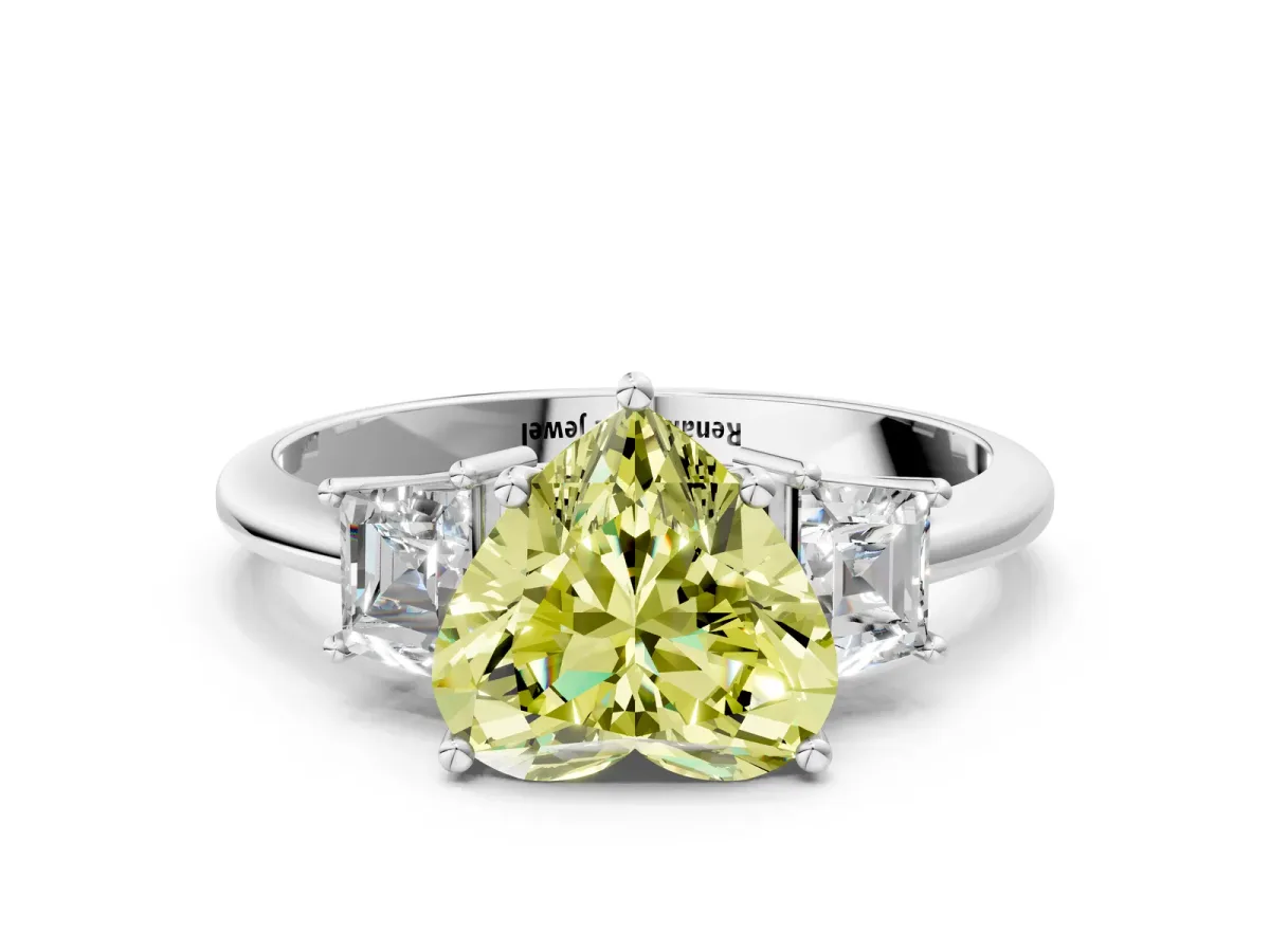 Fancy Yellow Heart Cut Diamond Three-Stone Ring with Trapezoid Side Stones and Prong Setting Silver