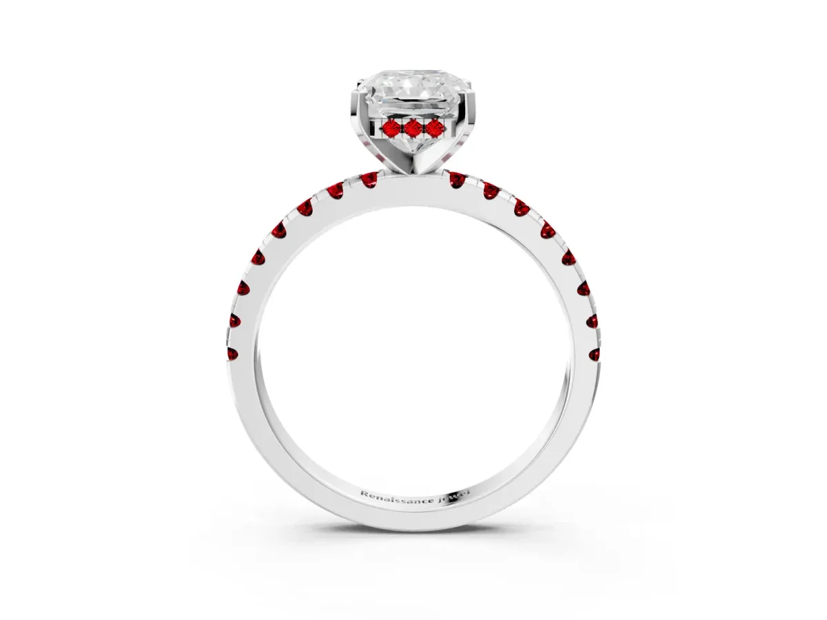 Radiant Cut Diamond Solitaire Ring with Round Ruby Pavé Band and Four-Prong Setting Silver