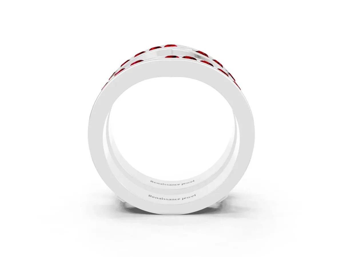 Round Ruby Channel-Set Chevron Band Silver