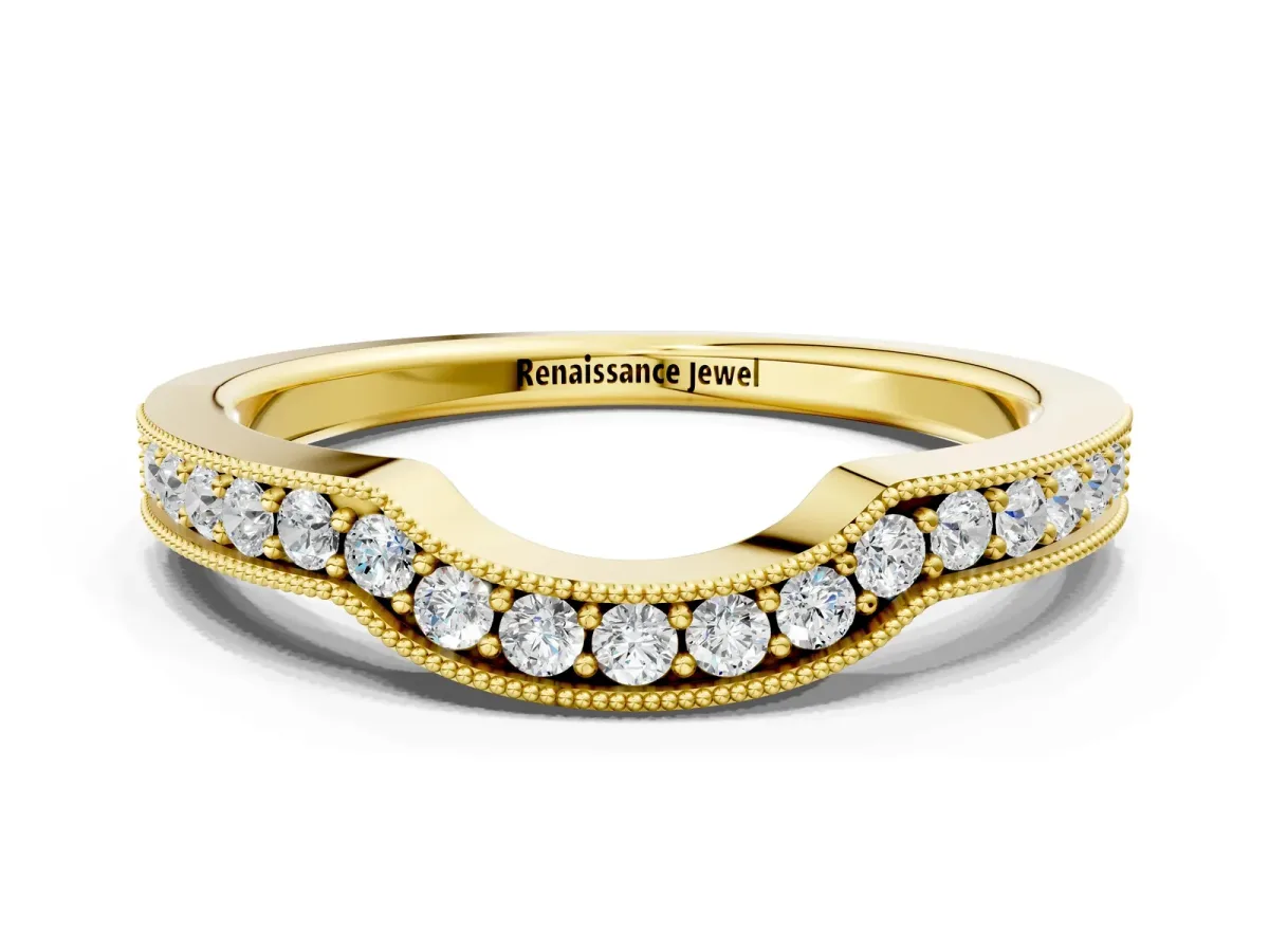 Curved Round Diamond Band with Milgrain Pavé Setting Yellow gold