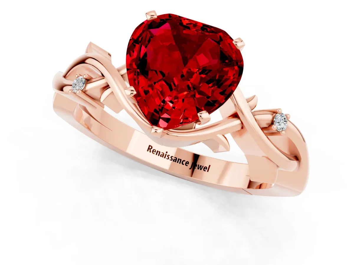 Heart Cut Ruby Solitaire Ring with Twisted Band and Prong Setting Rose gold