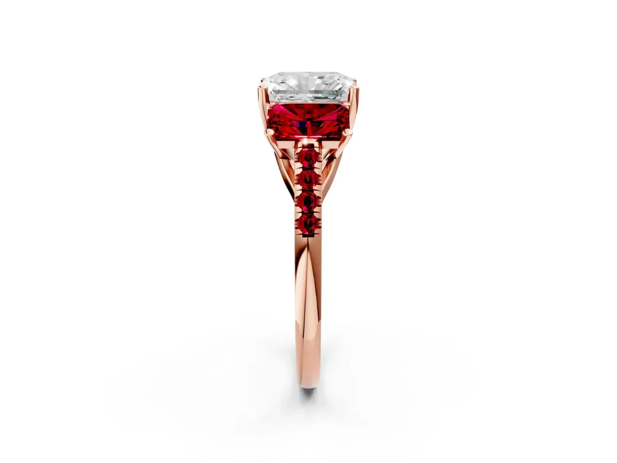 Three-Stone Radiant Cut Diamond Ring with Round Ruby Pavé Band and Prong Setting Rose gold