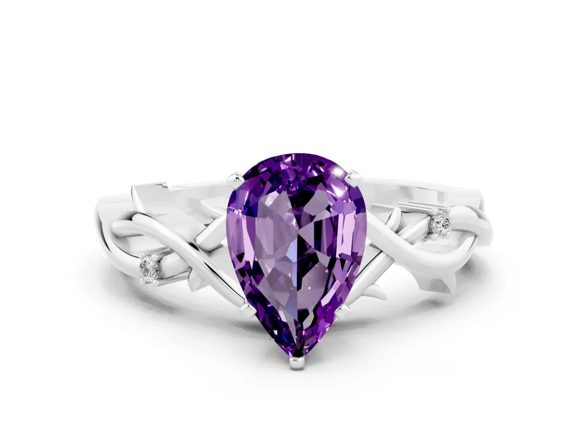Pear Cut Amethyst Solitaire Ring with Twisted Band and Prong Setting Platinum