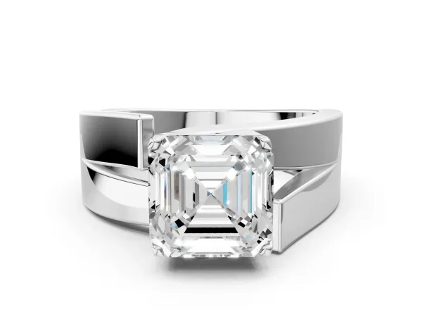 Modern Tension Set Asscher Cut Diamond Solitaire Wide Band Ring Platinum