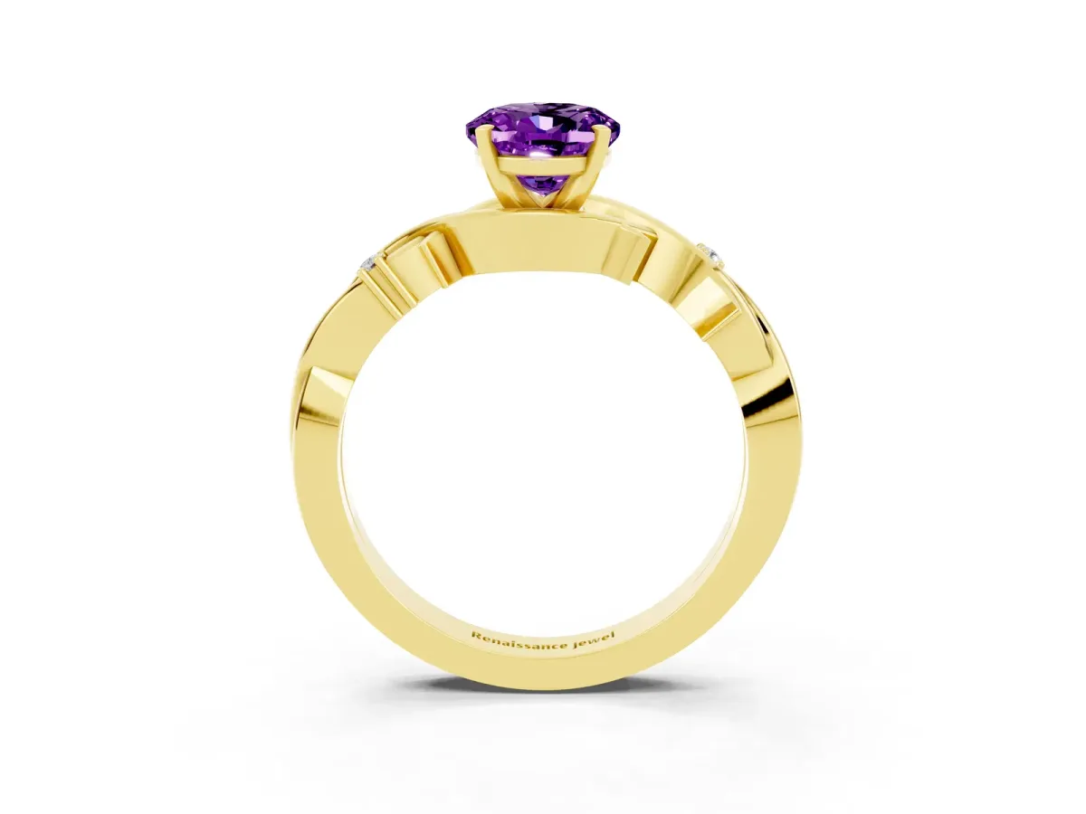 Oval Cut Amethyst Solitaire Ring with Twisted Band and Prong Setting Yellow gold