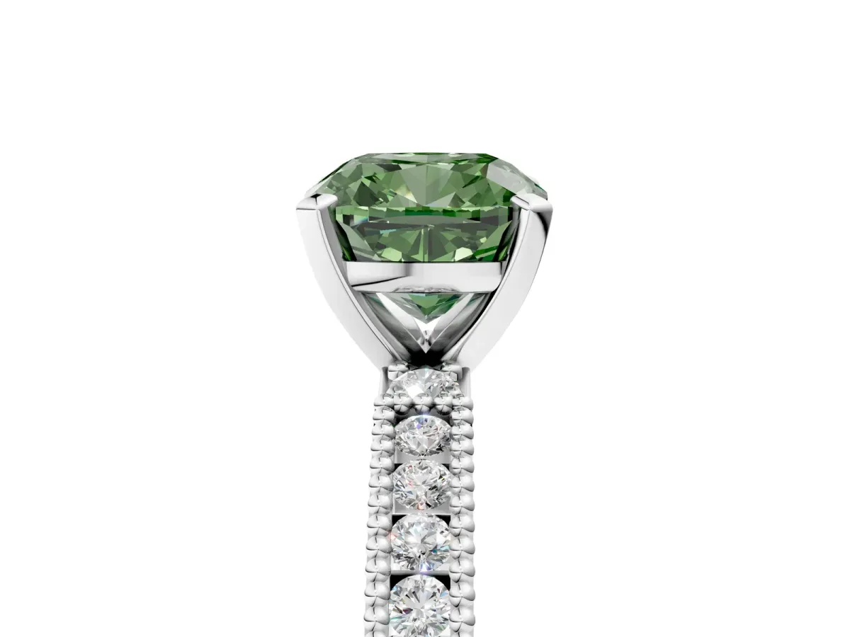 Fancy Green Cushion Cut Solitaire with Pavé Band and Four-Prong Setting Silver
