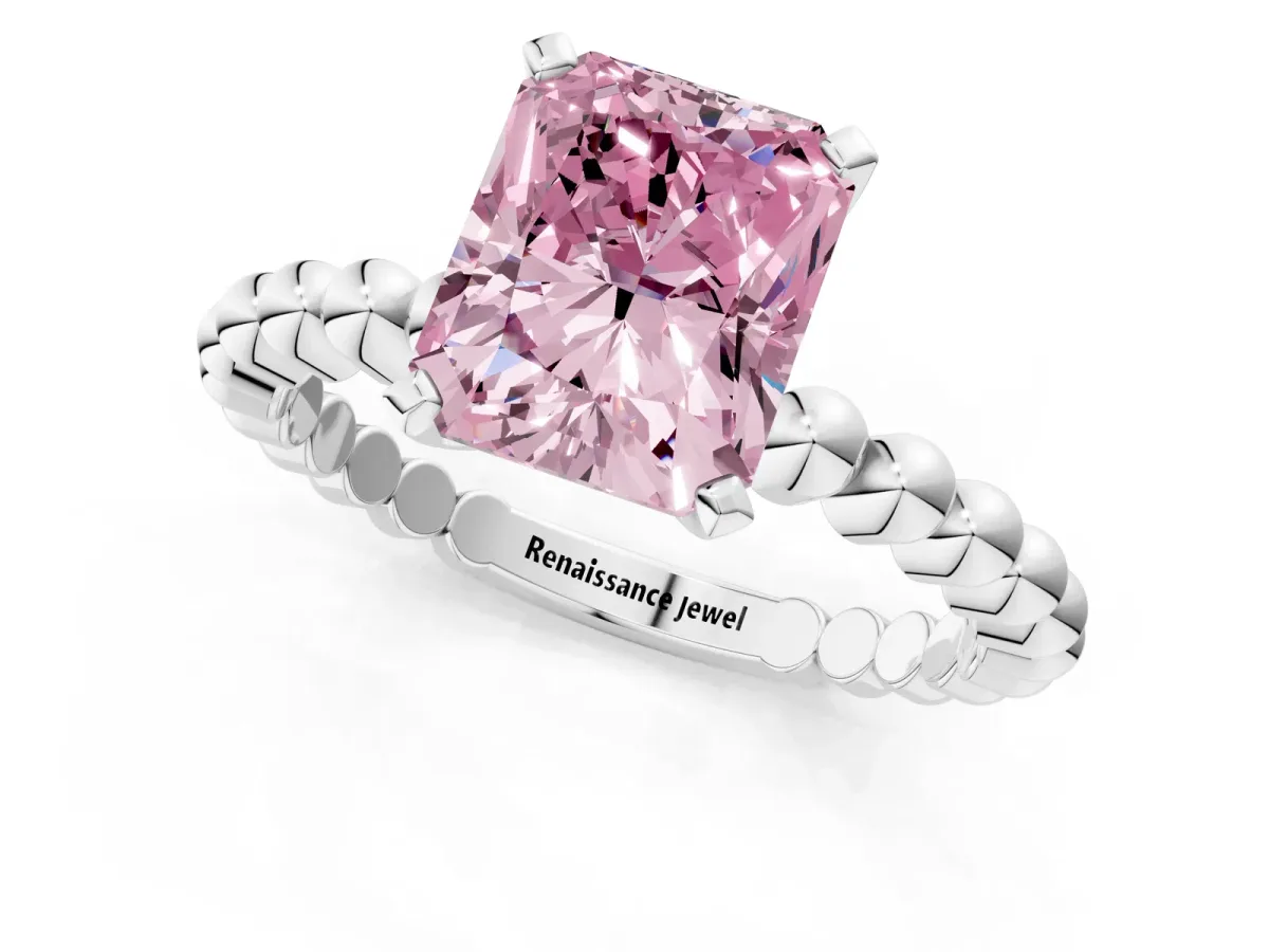 Fancy Pink Radiant Cut Diamond Solitaire Ring with Beaded Band and Prong Setting Silver