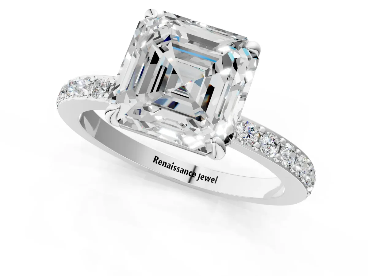 Asscher Cut Diamond Solitaire Engagement Ring with Pavé Band and Four-Prong Setting Silver