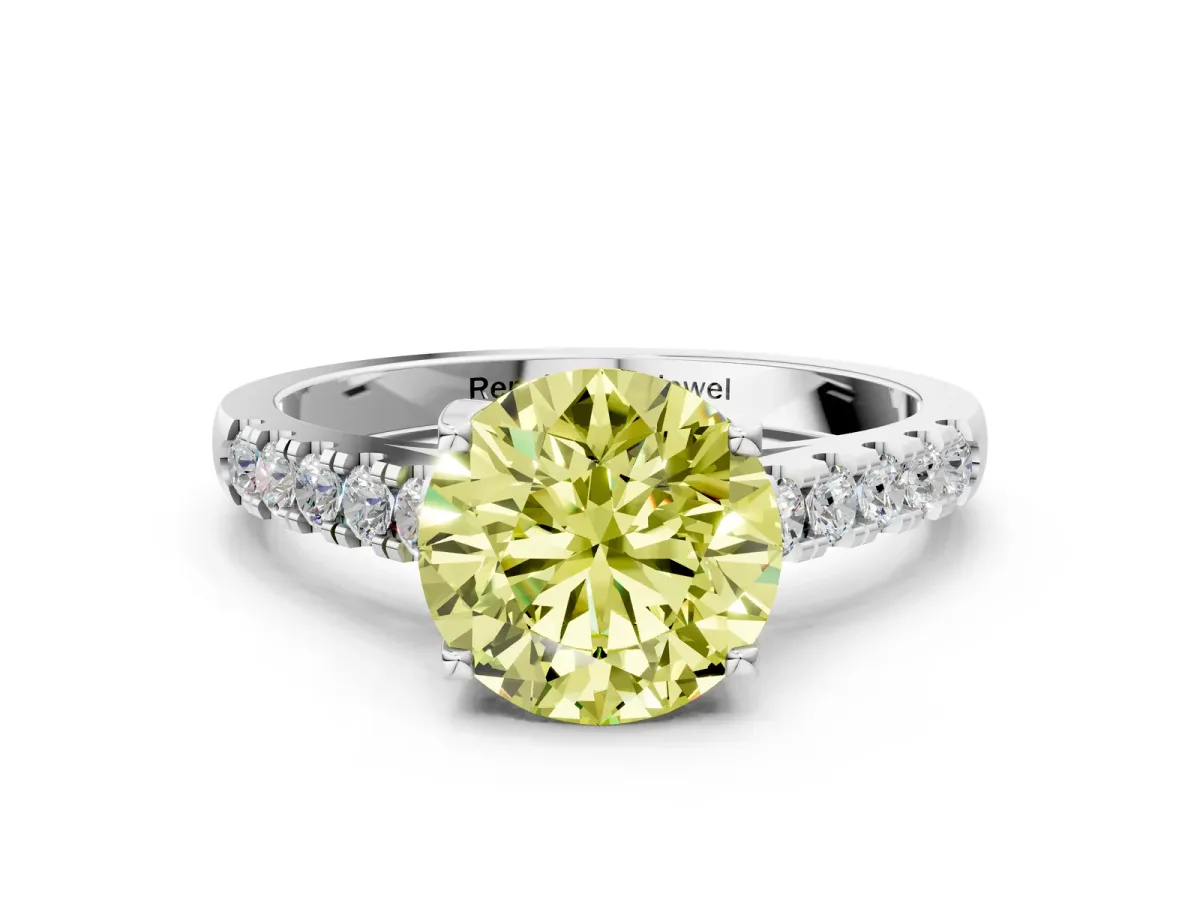 Fancy Yellow Round Cut Diamond Pavé Band Solitaire Ring with Prong Setting White gold