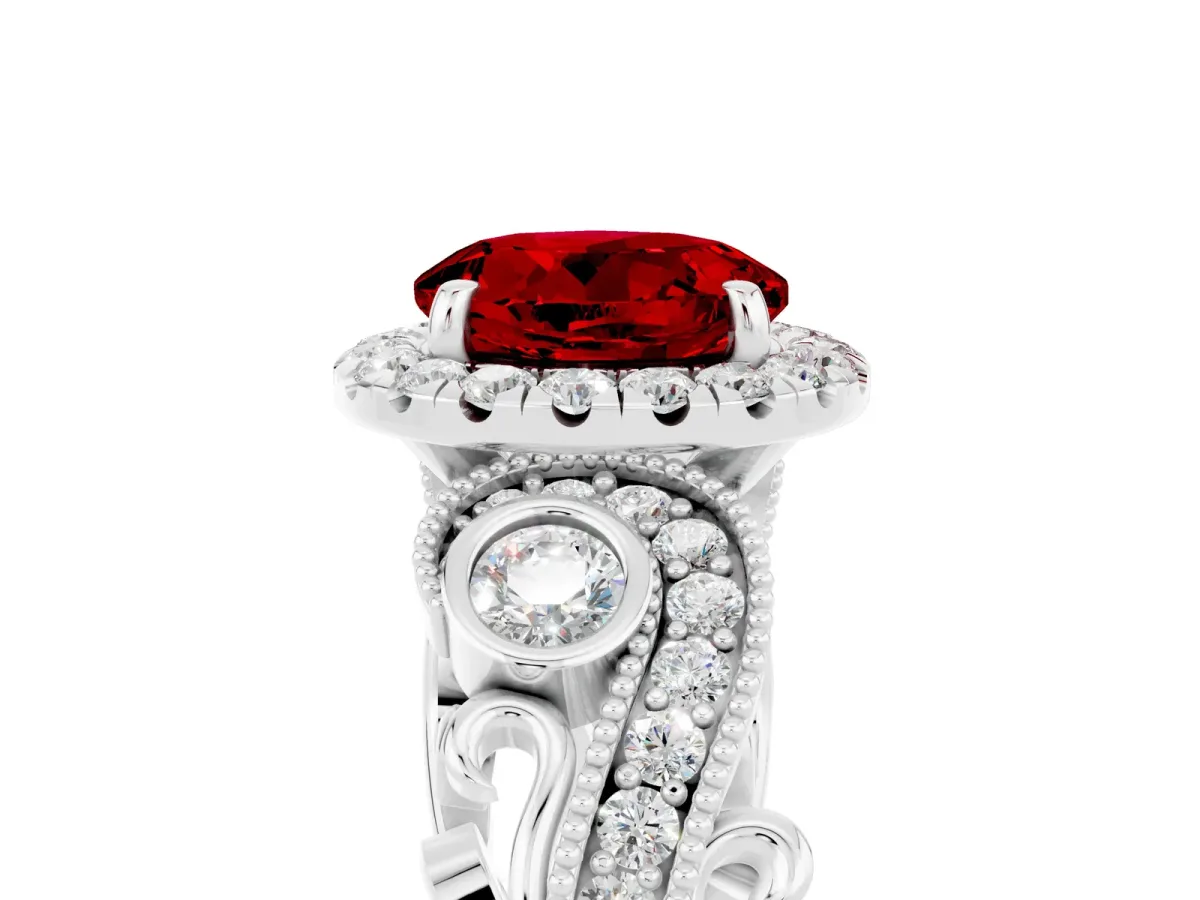 Round Cut Ruby Halo Ring with Milgrain Pavé Band and Four-Prong Setting Platinum