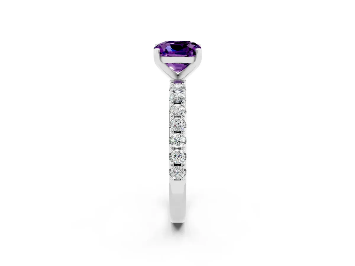Cushion Cut Amethyst Solitaire Pavé Band with Four-Prong Setting Silver