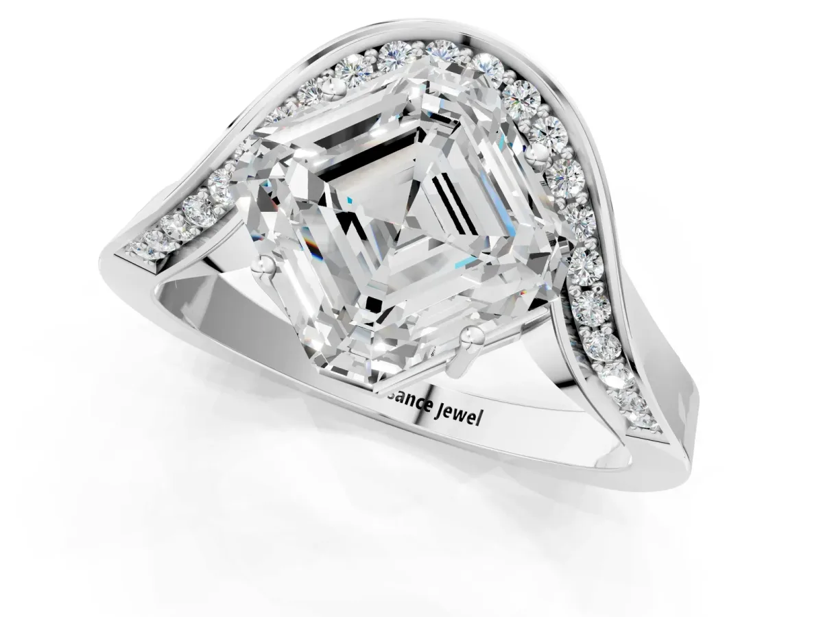 Asscher Cut Solitaire Diamond Engagement Ring with Pave Band and Four-Prong Setting Silver