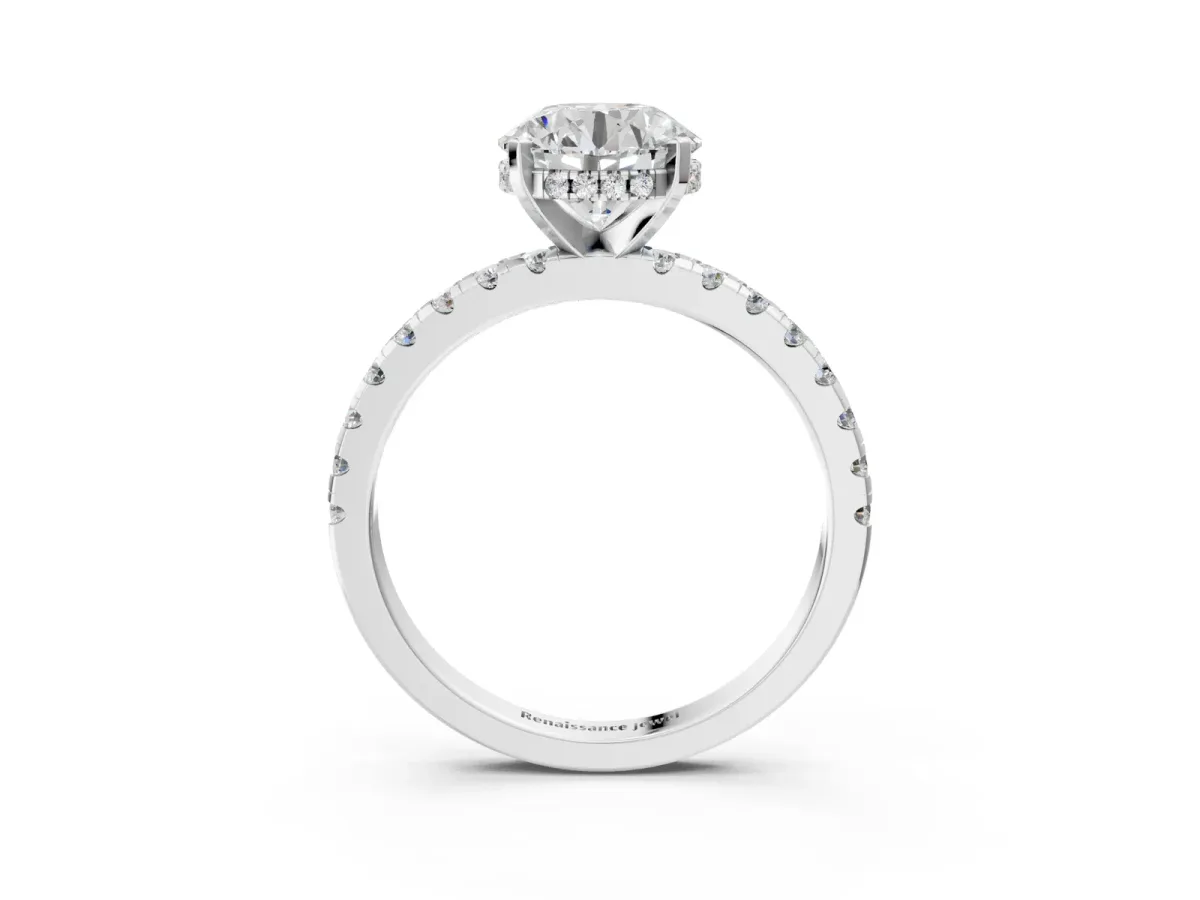 Round Cut Diamond Solitaire Ring with Round Pavé Band and Four-Prong Setting Platinum