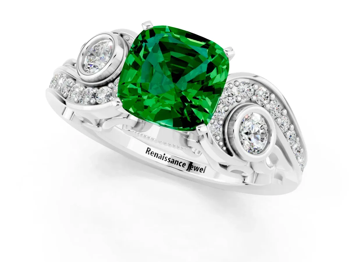 Cushion Cut Emerald Solitaire Ring with Milgrain Pavé Band and Four-Prong Setting Silver