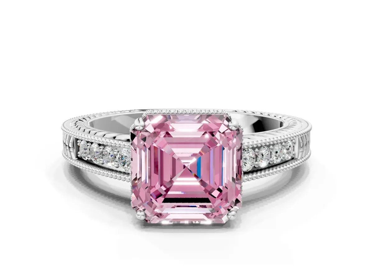 Fancy Pink Asscher Cut Cut Diamond Milgrain Pave Band Four-Prong Setting Ring Platinum