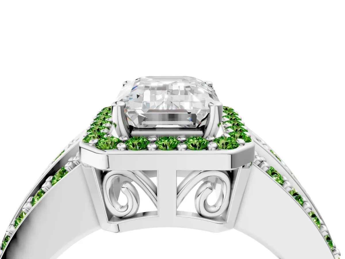 Emerald Cut Halo Diamond Ring with Round Peridot Split Shank and Prong Setting Platinum