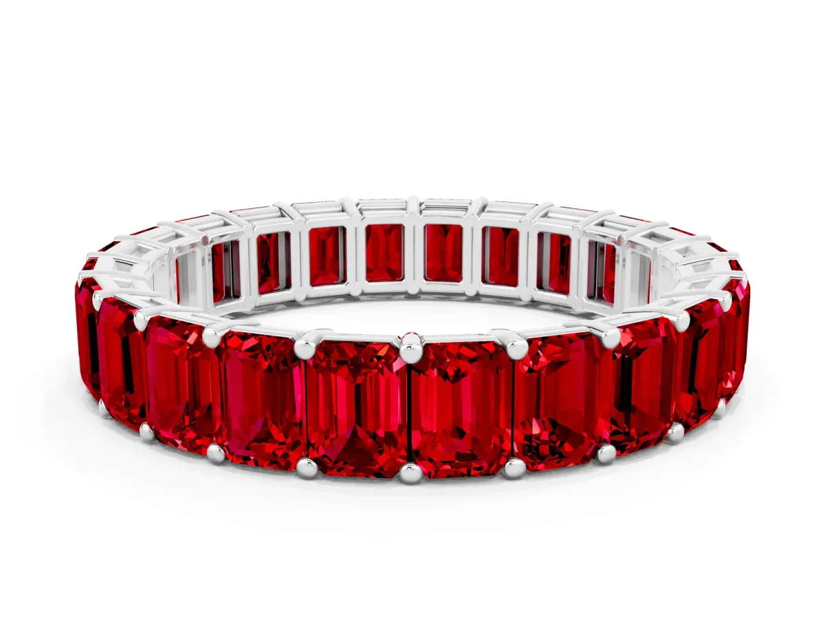 Emerald Cut Ruby Eternity Band with Shared Prong Setting Platinum