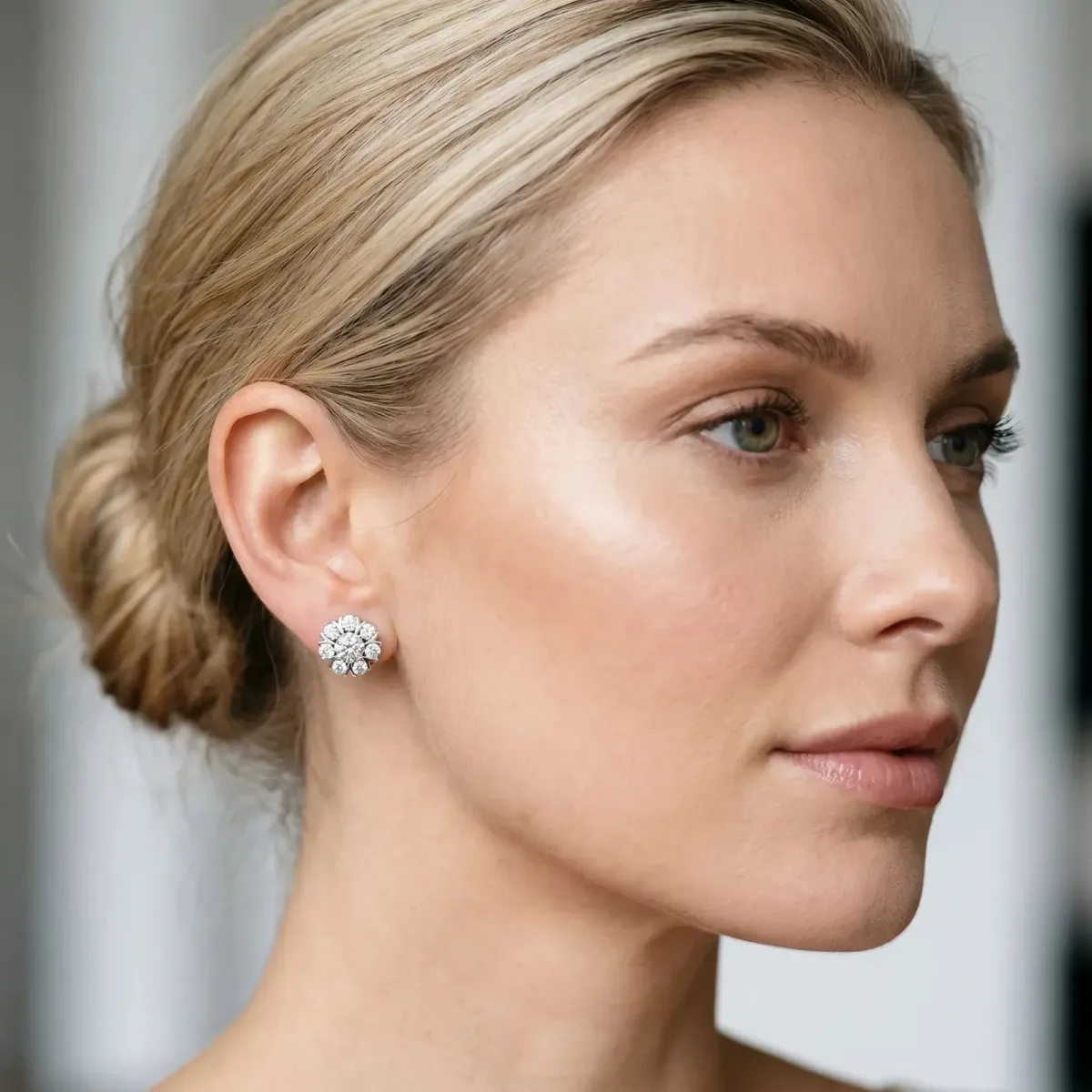 Round Cluster Diamond Stud Earrings with Prong Setting Silver