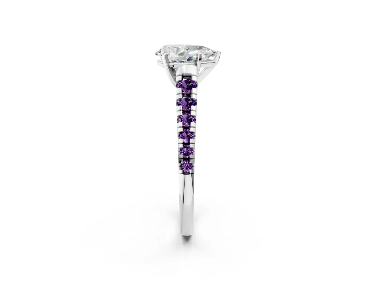 Pear Cut Diamond Cathedral Solitaire Ring with Round Amethyst Pavé Band Platinum