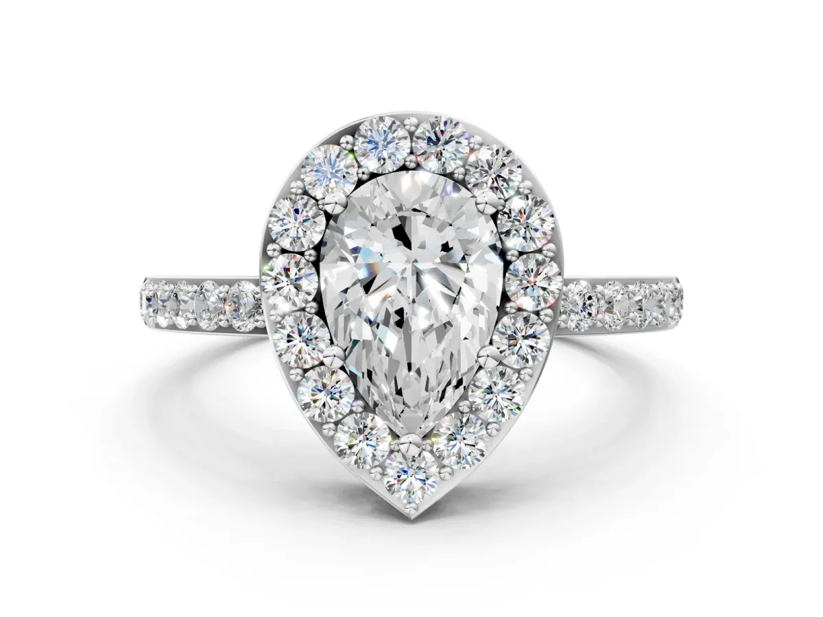 Pear Cut Halo Diamond Pavé Band Ring with Prong Setting Platinum