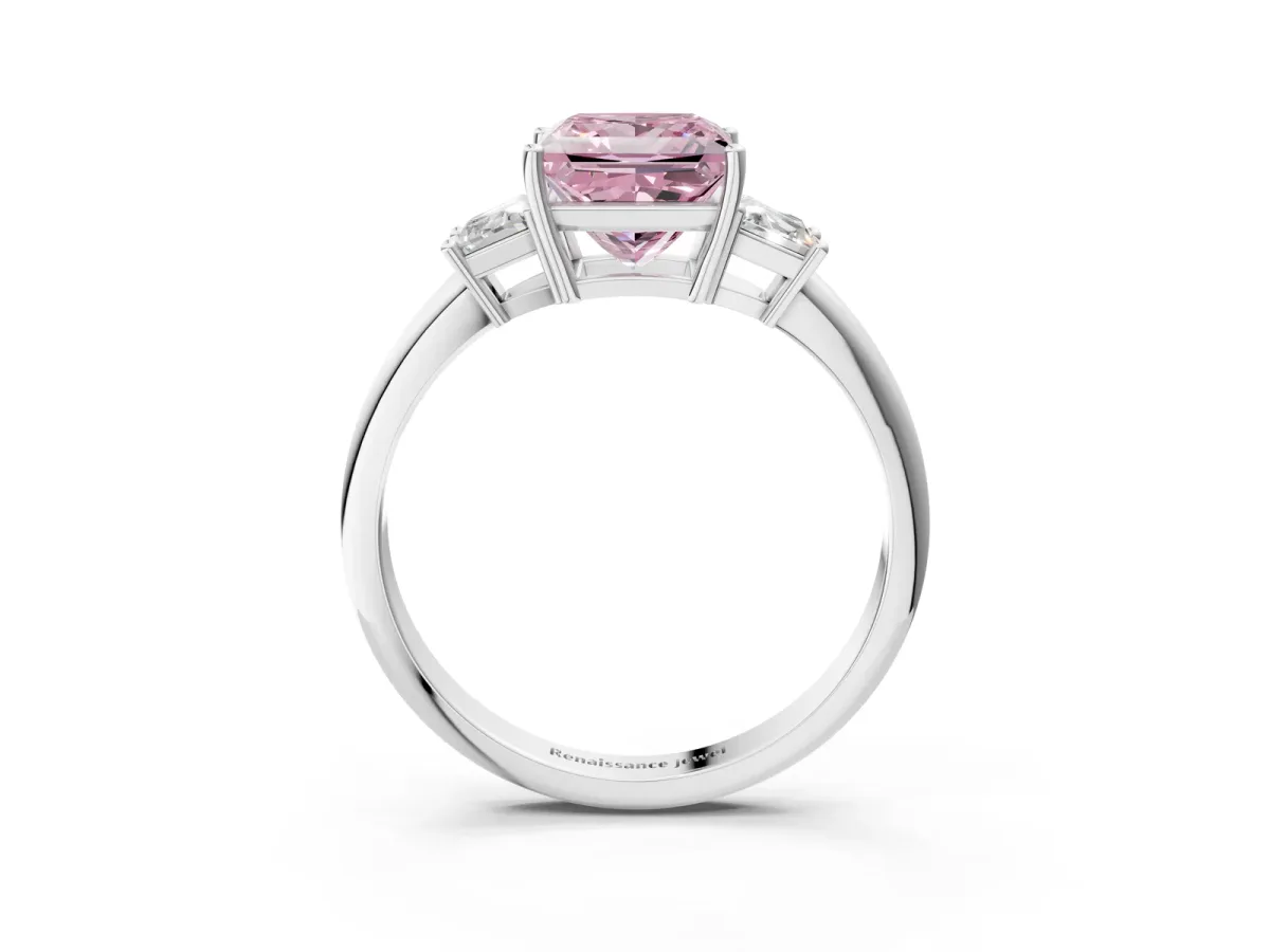 Fancy Pink Princess Cut Diamond Three-Stone Ring with Trapezoid Side Stones and Prong Setting Silver